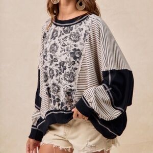 Bibi Floral Print Striped Reverse Stitch Loose Fit Long Sleeve Top